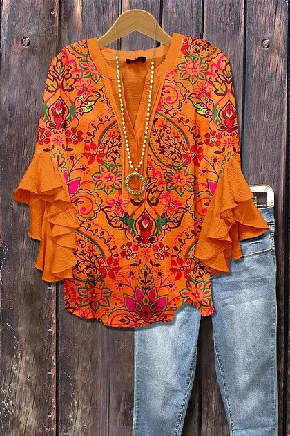 Women's Mixed Floral Print Ruffle Bell Sleeve Top(BUY 2 FREE SHIPPING)