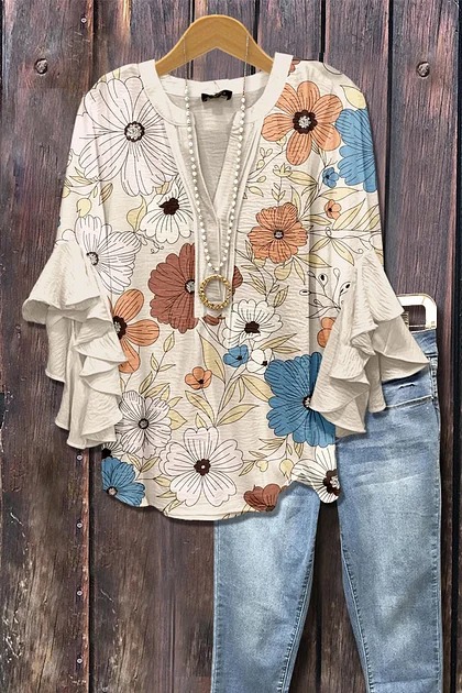 Women's Mixed Floral Print Ruffle Bell Sleeve Top(BUY 2 FREE SHIPPING)