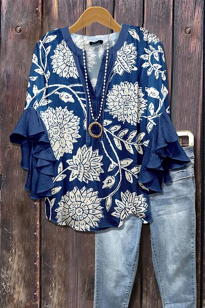 Women's Mixed Floral Print Ruffle Bell Sleeve Top(BUY 2 FREE SHIPPING)