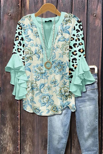 Women's Mixed Floral Print Ruffle Bell Sleeve Top(BUY 2 FREE SHIPPING)