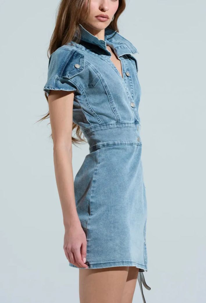 Short Sleeved Button-up Denim Dress