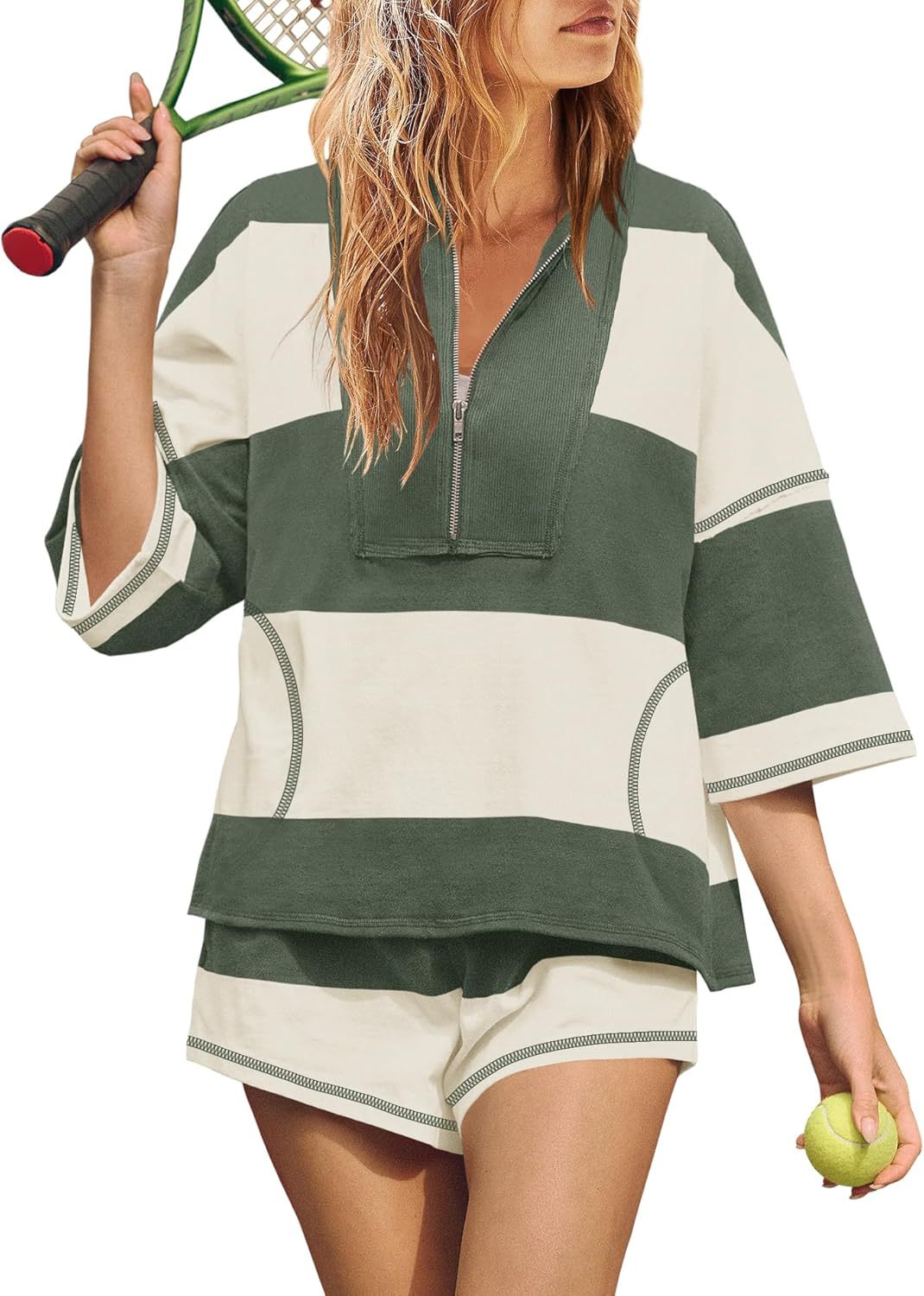 Limited time sale🔥Womens Summer Oversized Quarter Zip Striped Shirt and Shorts Lounge Sets (Buy 2 Free Shipping)