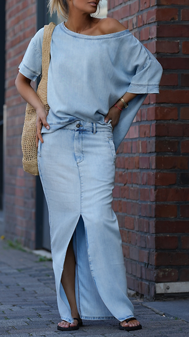 Women's Round Neck Tencel Denim Casual Suit