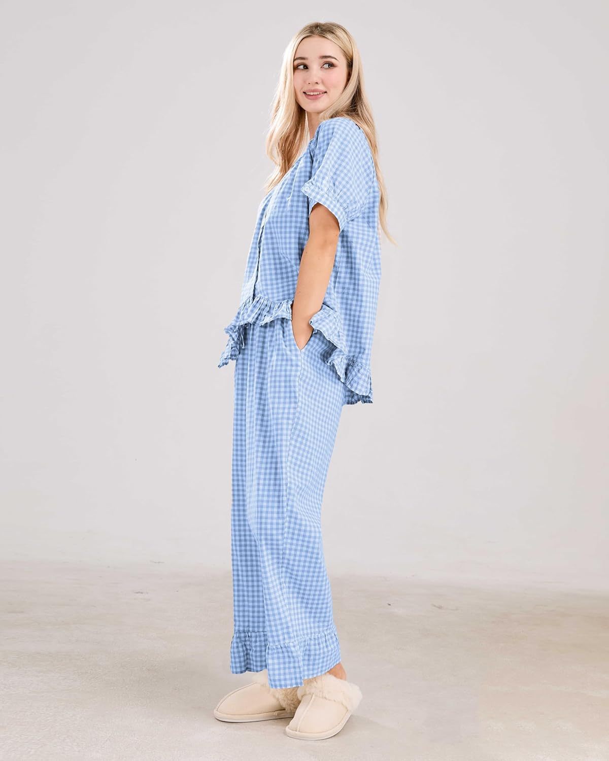 Women Plaid 2 Piece Set Pajamas Outfits Short Sleeve Ruffle Shirt Pants Sets(BUY 2 FREE SHIPPING)