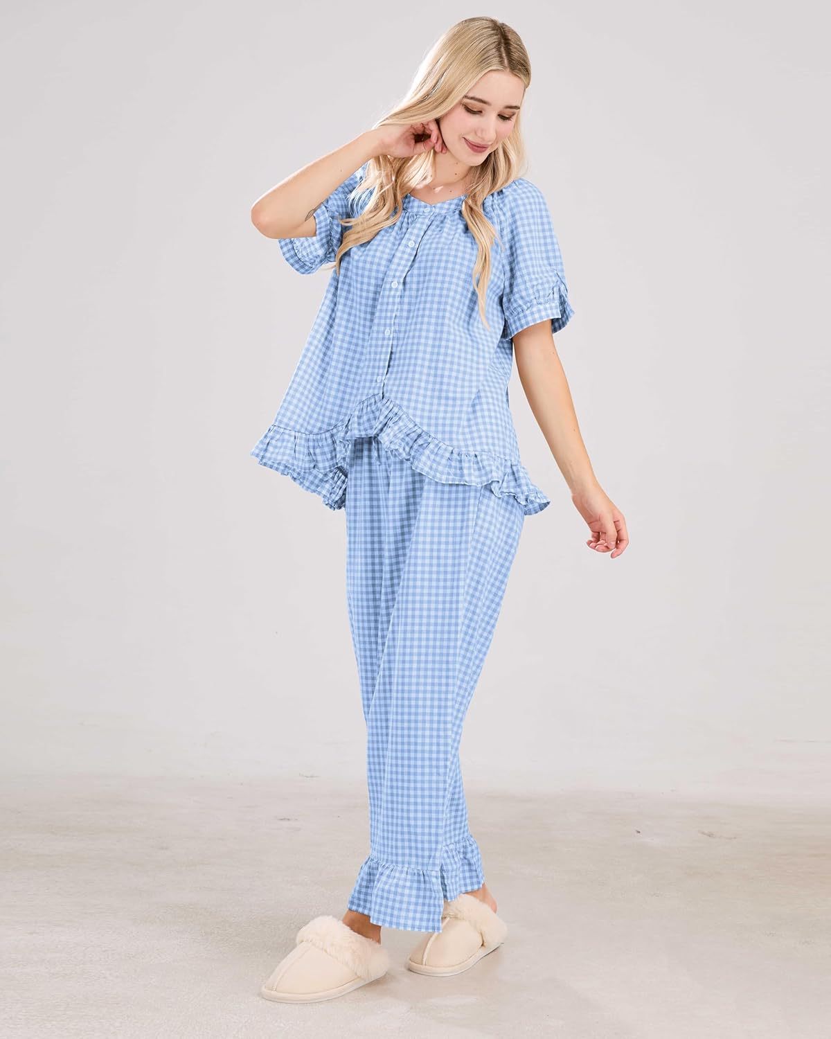 Women Plaid 2 Piece Set Pajamas Outfits Short Sleeve Ruffle Shirt Pants Sets(BUY 2 FREE SHIPPING)