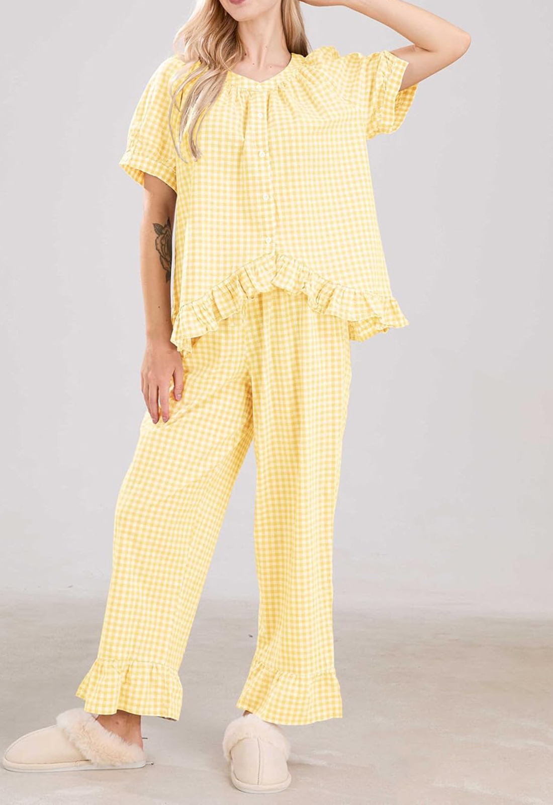 Women Plaid 2 Piece Set Pajamas Outfits Short Sleeve Ruffle Shirt Pants Sets(BUY 2 FREE SHIPPING)