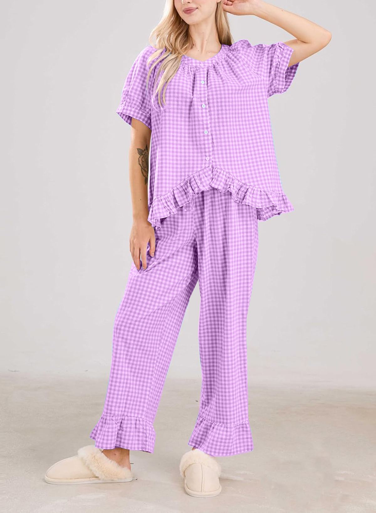 Women Plaid 2 Piece Set Pajamas Outfits Short Sleeve Ruffle Shirt Pants Sets(BUY 2 FREE SHIPPING)
