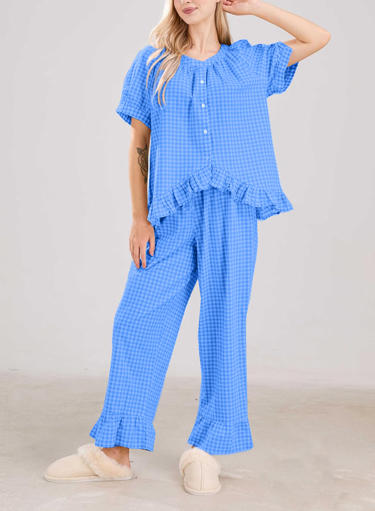 Women Plaid 2 Piece Set Pajamas Outfits Short Sleeve Ruffle Shirt Pants Sets(BUY 2 FREE SHIPPING)