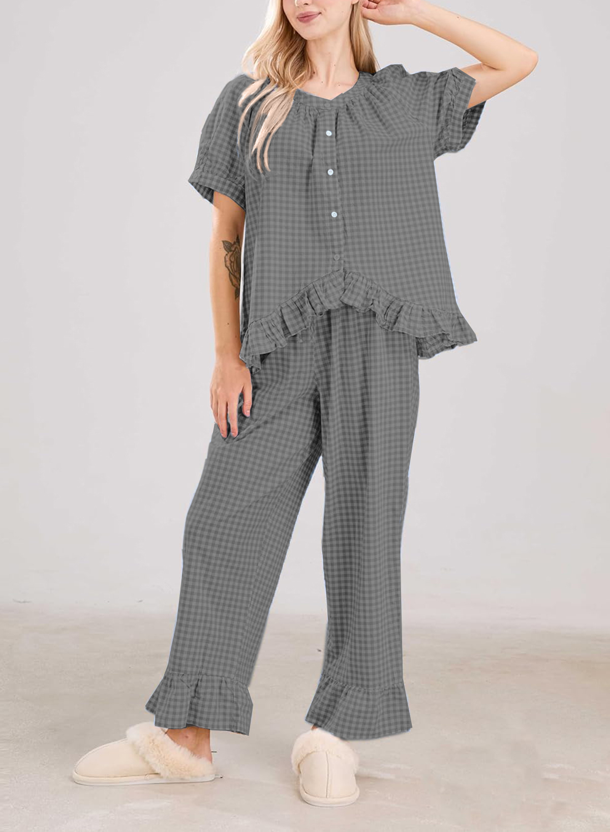 Women Plaid 2 Piece Set Pajamas Outfits Short Sleeve Ruffle Shirt Pants Sets(BUY 2 FREE SHIPPING)