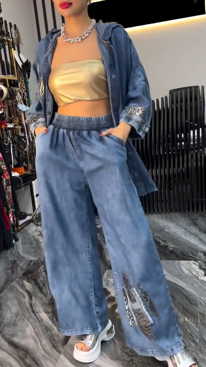 Women's Lapel Silver Leopard Print Splicing Tencel Denim Casual Suit