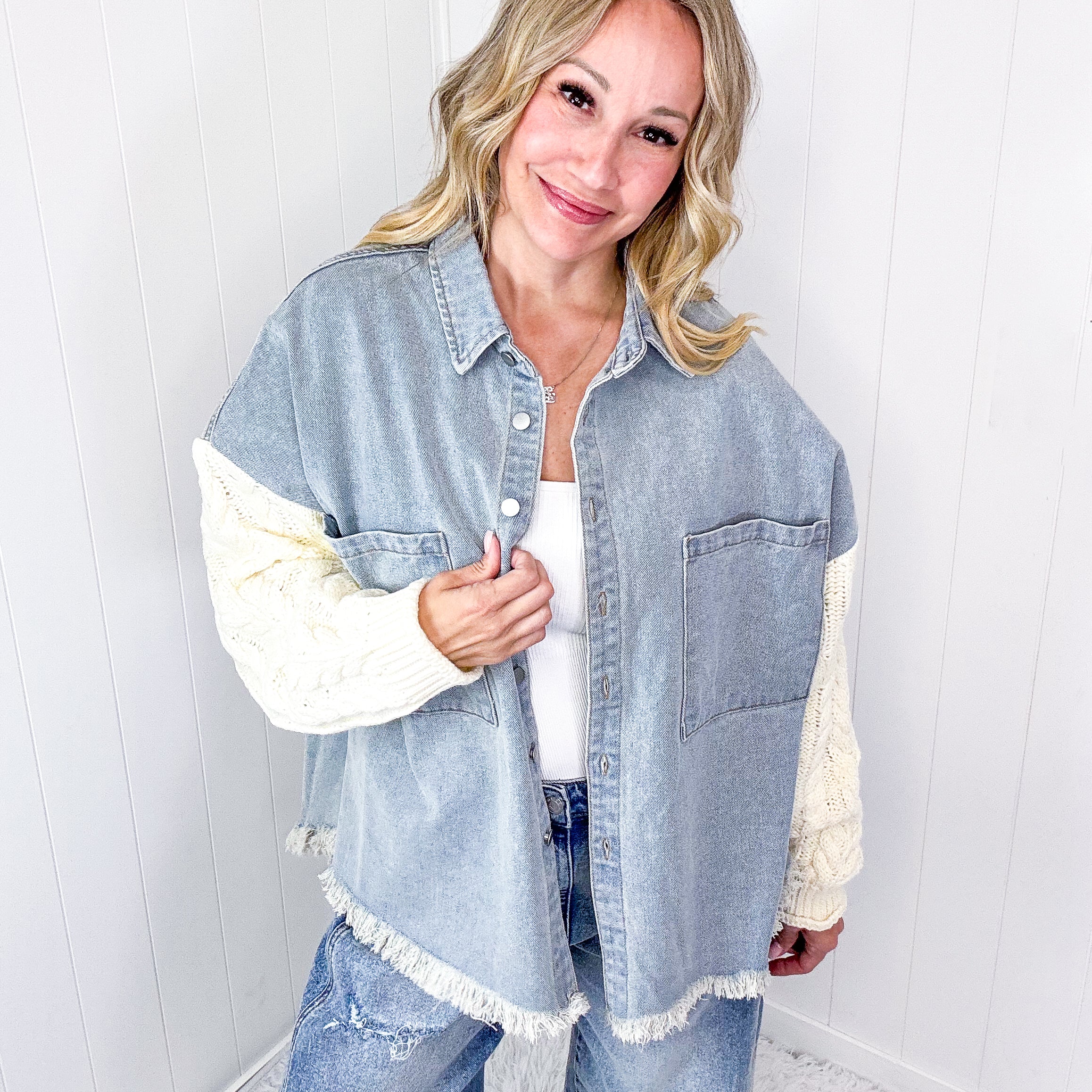 🔥Cozy Sweater Sleeve Denim Shacket (Buy 2 Free Shipping)