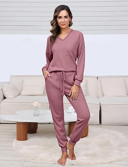 V Neck Waffle Knit Sleepwear Top and Pant Lounge Sets(Buy 2 Free Shipping)