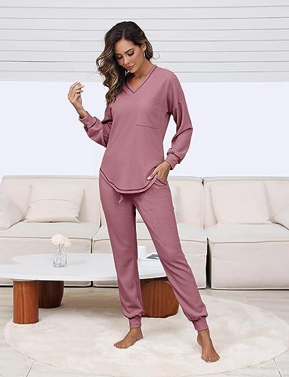 V Neck Waffle Knit Sleepwear Top and Pant Lounge Sets(Buy 2 Free Shipping)