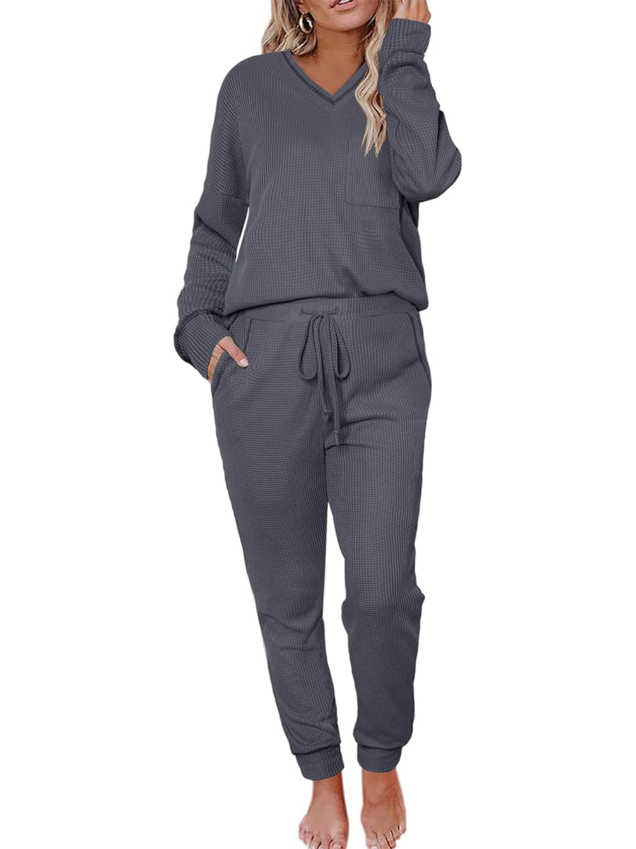 V Neck Waffle Knit Sleepwear Top and Pant Lounge Sets(Buy 2 Free Shipping)