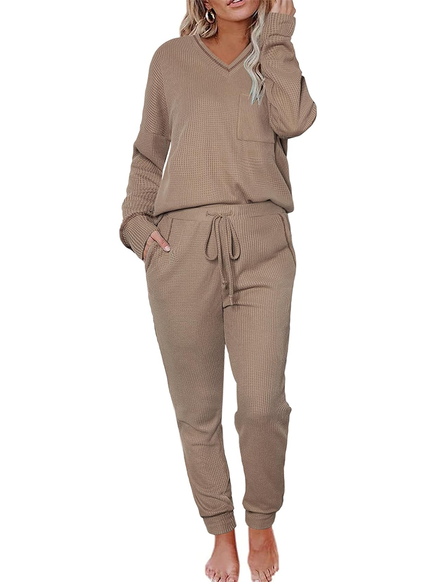 V Neck Waffle Knit Sleepwear Top and Pant Lounge Sets(Buy 2 Free Shipping)