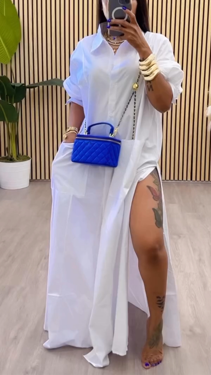 Women's Lapel Long Slit Casual Dress（BUY 2 FREE SHIPPING)