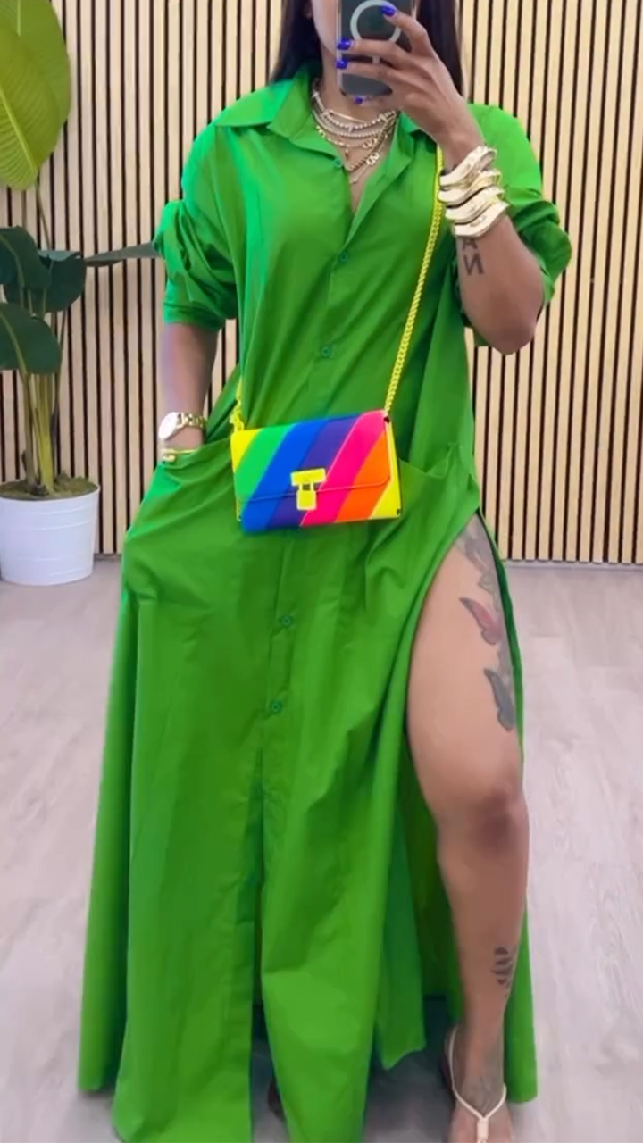 Women's Lapel Long Slit Casual Dress（BUY 2 FREE SHIPPING)