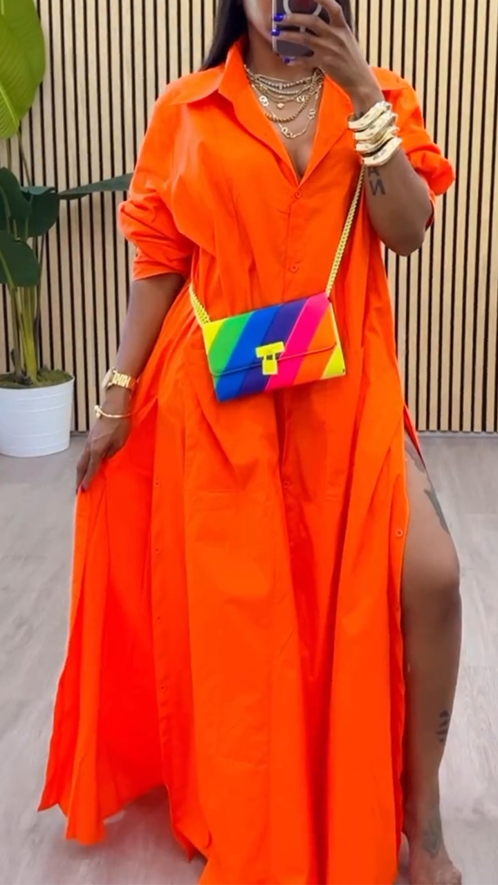 Women's Lapel Long Slit Casual Dress（BUY 2 FREE SHIPPING)