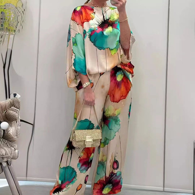 Stylish Watercolor Floral Print Loose 2-Piece Suit
