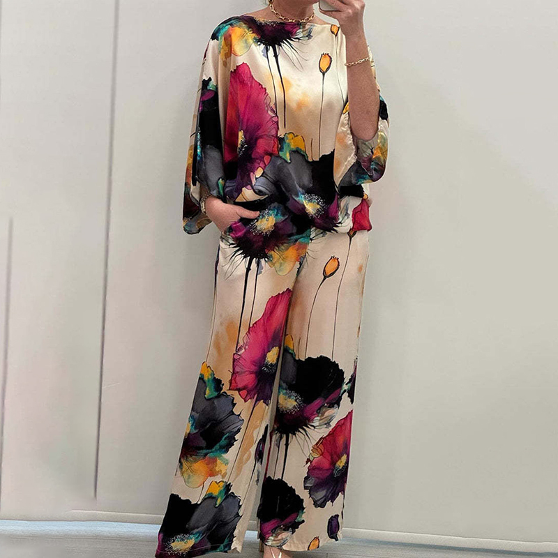 Stylish Watercolor Floral Print Loose 2-Piece Suit