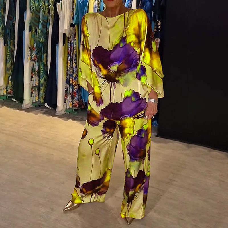 Stylish Watercolor Floral Print Loose 2-Piece Suit