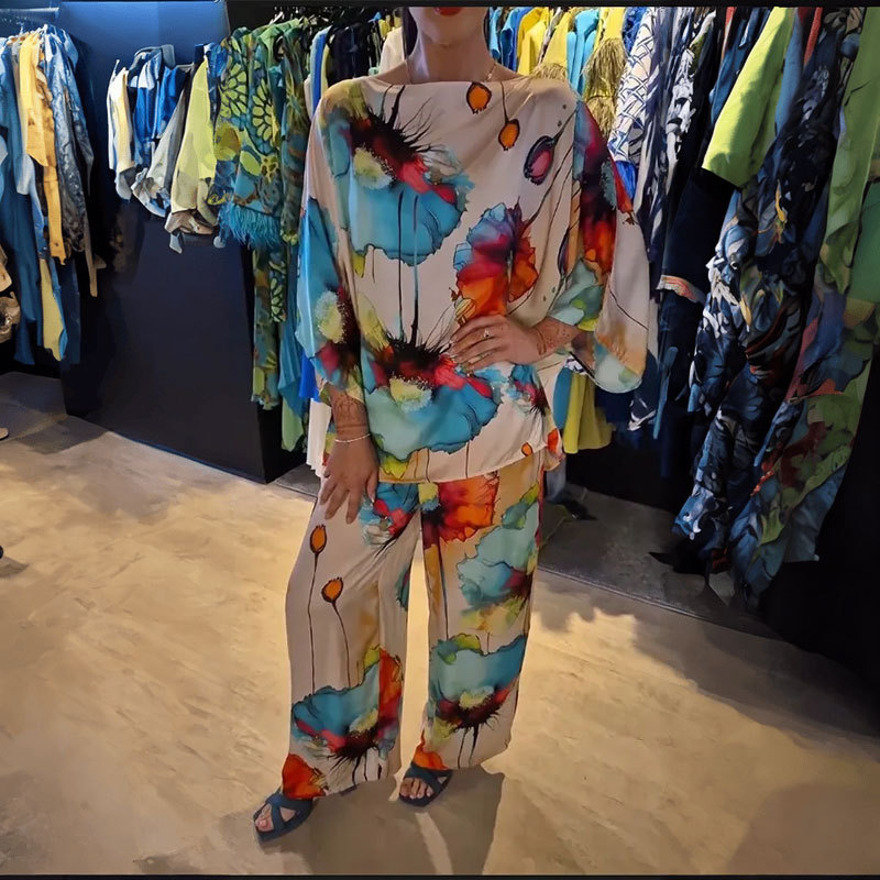 Stylish Watercolor Floral Print Loose 2-Piece Suit