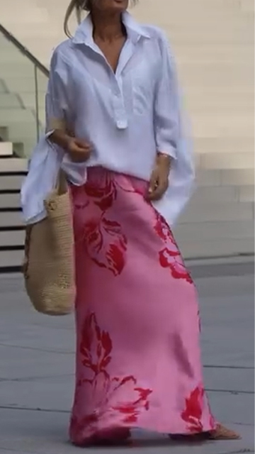 Ladies' Loose Collar Shirt with Printed Long Skirt Casual Set