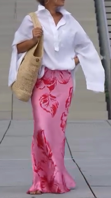 Ladies' Loose Collar Shirt with Printed Long Skirt Casual Set