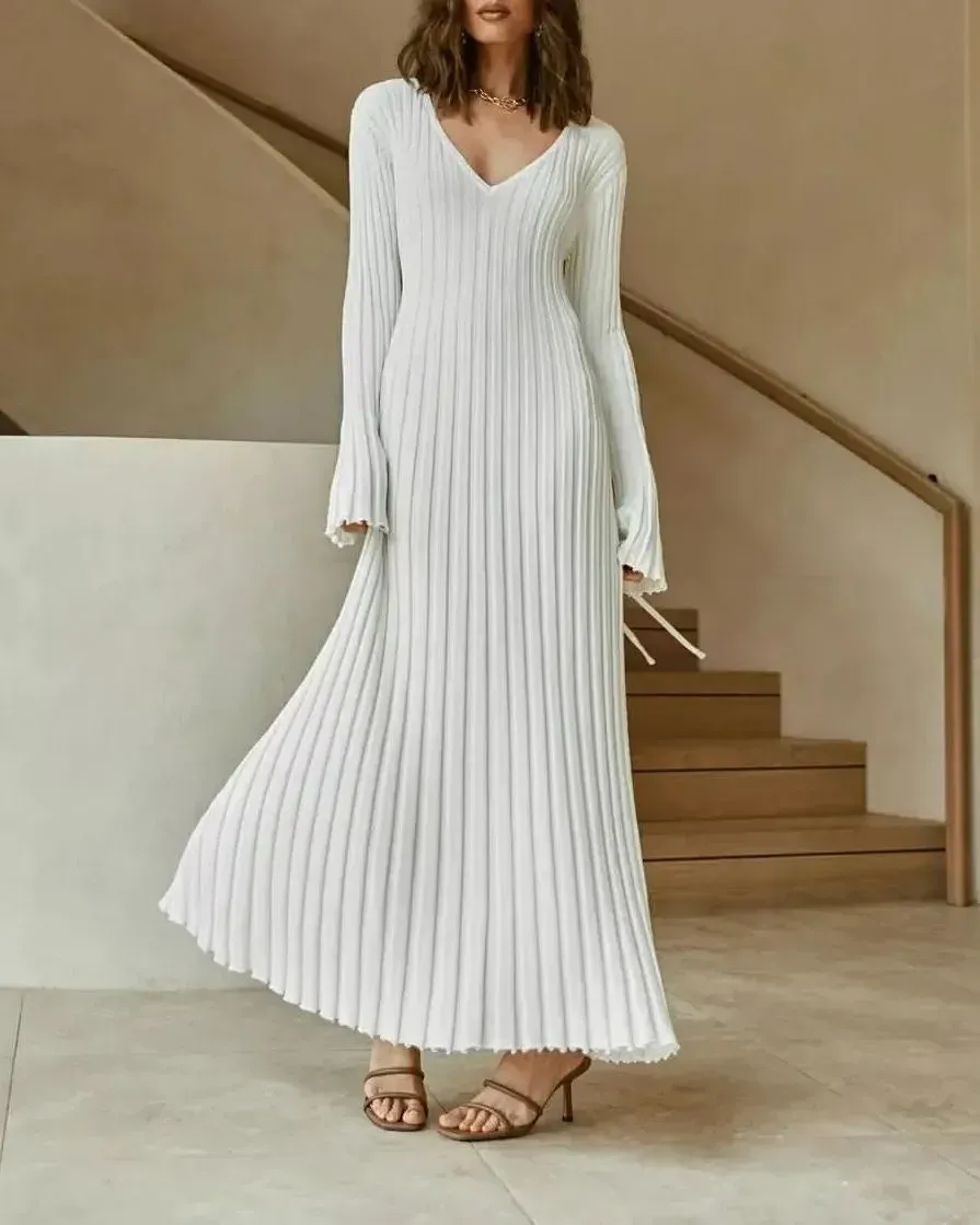 V-Neck Sleeved Knit Midi Dress(Buy 2 Free Shipping)