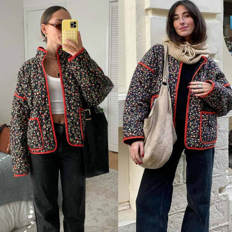 Women's Cropped Floral Quilted Jacket Cardigan Printed Lightweight Open Front Padded Puffer Coat（BUY 2 FREE SHIPPING)