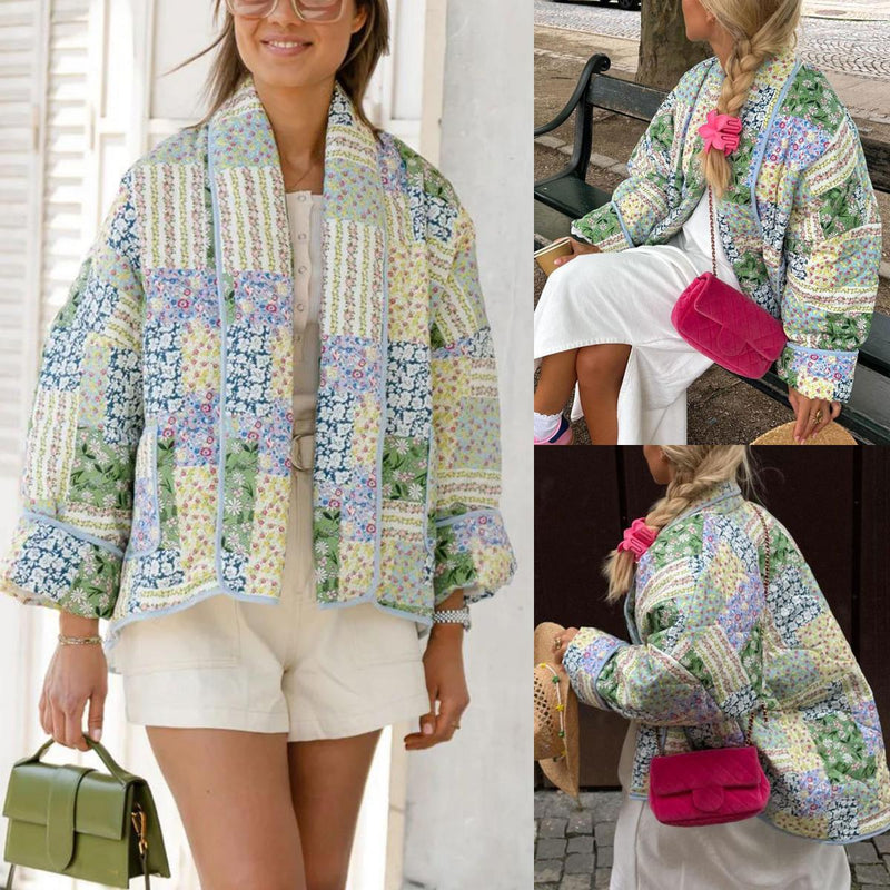 Women's Cropped Floral Quilted Jacket Cardigan Printed Lightweight Open Front Padded Puffer Coat（BUY 2 FREE SHIPPING)