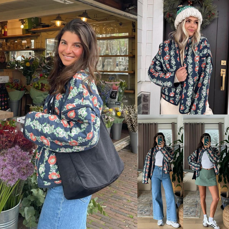Women's Cropped Floral Quilted Jacket Cardigan Printed Lightweight Open Front Padded Puffer Coat（BUY 2 FREE SHIPPING)