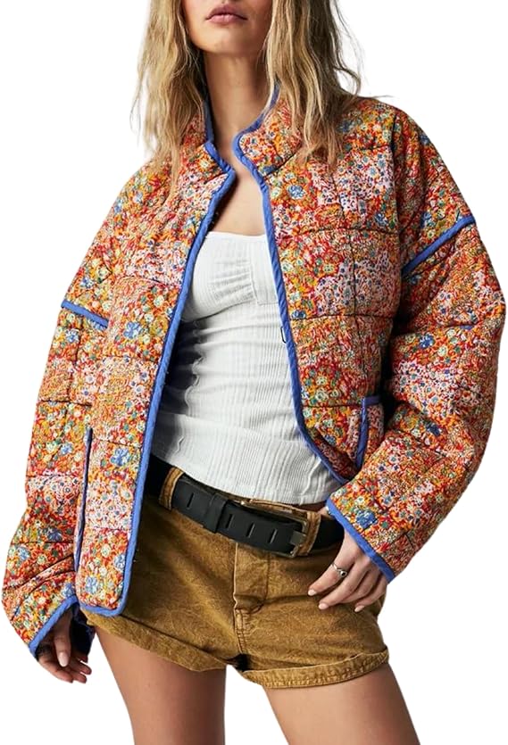 Women's Cropped Floral Quilted Jacket Cardigan Printed Lightweight Open Front Padded Puffer Coat（BUY 2 FREE SHIPPING)
