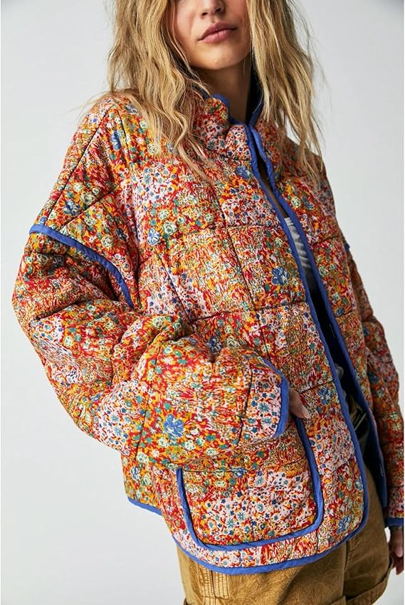 Women's Cropped Floral Quilted Jacket Cardigan Printed Lightweight Open Front Padded Puffer Coat（BUY 2 FREE SHIPPING)