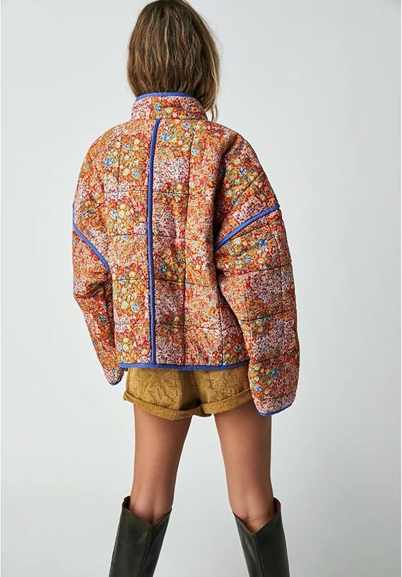 Women's Cropped Floral Quilted Jacket Cardigan Printed Lightweight Open Front Padded Puffer Coat（BUY 2 FREE SHIPPING)