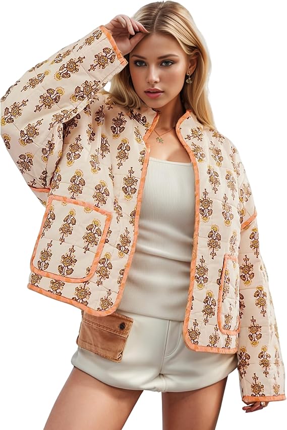 Women's Cropped Floral Quilted Jacket Cardigan Printed Lightweight Open Front Padded Puffer Coat（BUY 2 FREE SHIPPING)