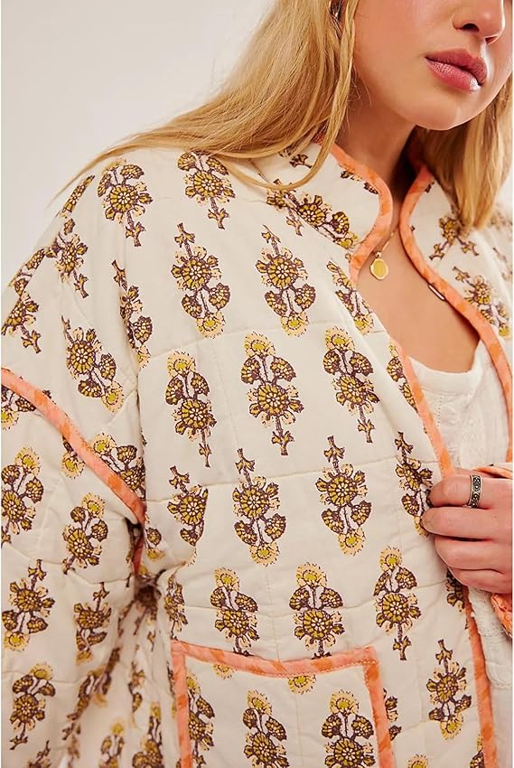 Women's Cropped Floral Quilted Jacket Cardigan Printed Lightweight Open Front Padded Puffer Coat（BUY 2 FREE SHIPPING)