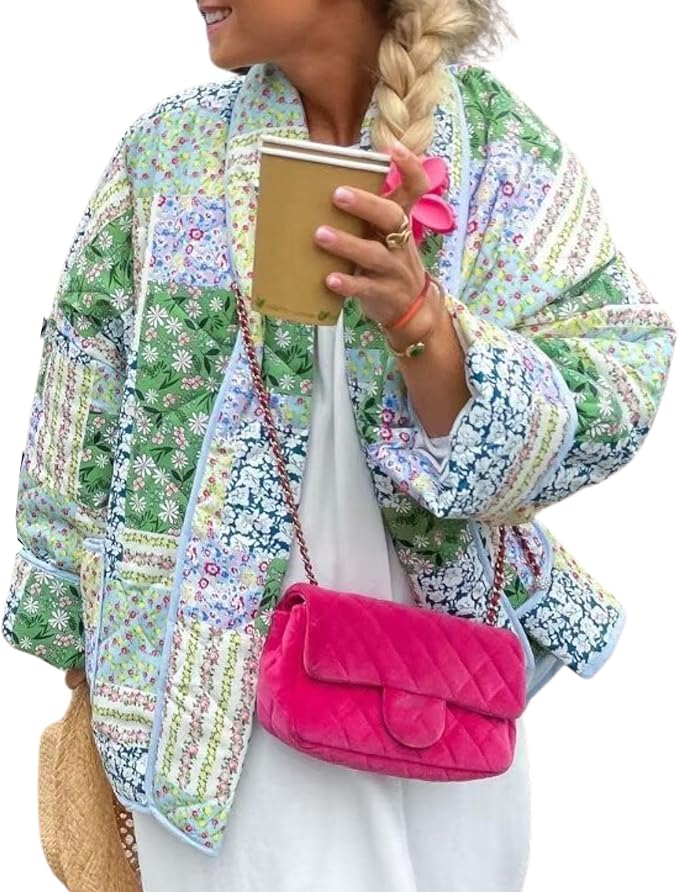 Women's Cropped Floral Quilted Jacket Cardigan Printed Lightweight Open Front Padded Puffer Coat（BUY 2 FREE SHIPPING)