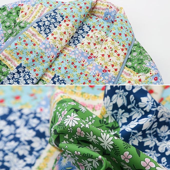 Women's Cropped Floral Quilted Jacket Cardigan Printed Lightweight Open Front Padded Puffer Coat（BUY 2 FREE SHIPPING)