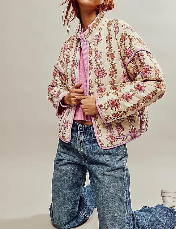 Women's Cropped Floral Quilted Jacket Cardigan Printed Lightweight Open Front Padded Puffer Coat（BUY 2 FREE SHIPPING)