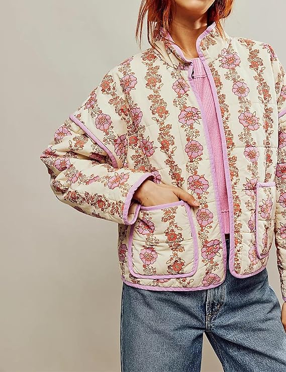Women's Cropped Floral Quilted Jacket Cardigan Printed Lightweight Open Front Padded Puffer Coat（BUY 2 FREE SHIPPING)