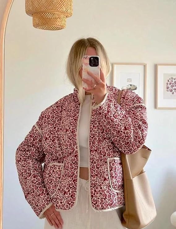 Women's Cropped Floral Quilted Jacket Cardigan Printed Lightweight Open Front Padded Puffer Coat（BUY 2 FREE SHIPPING)