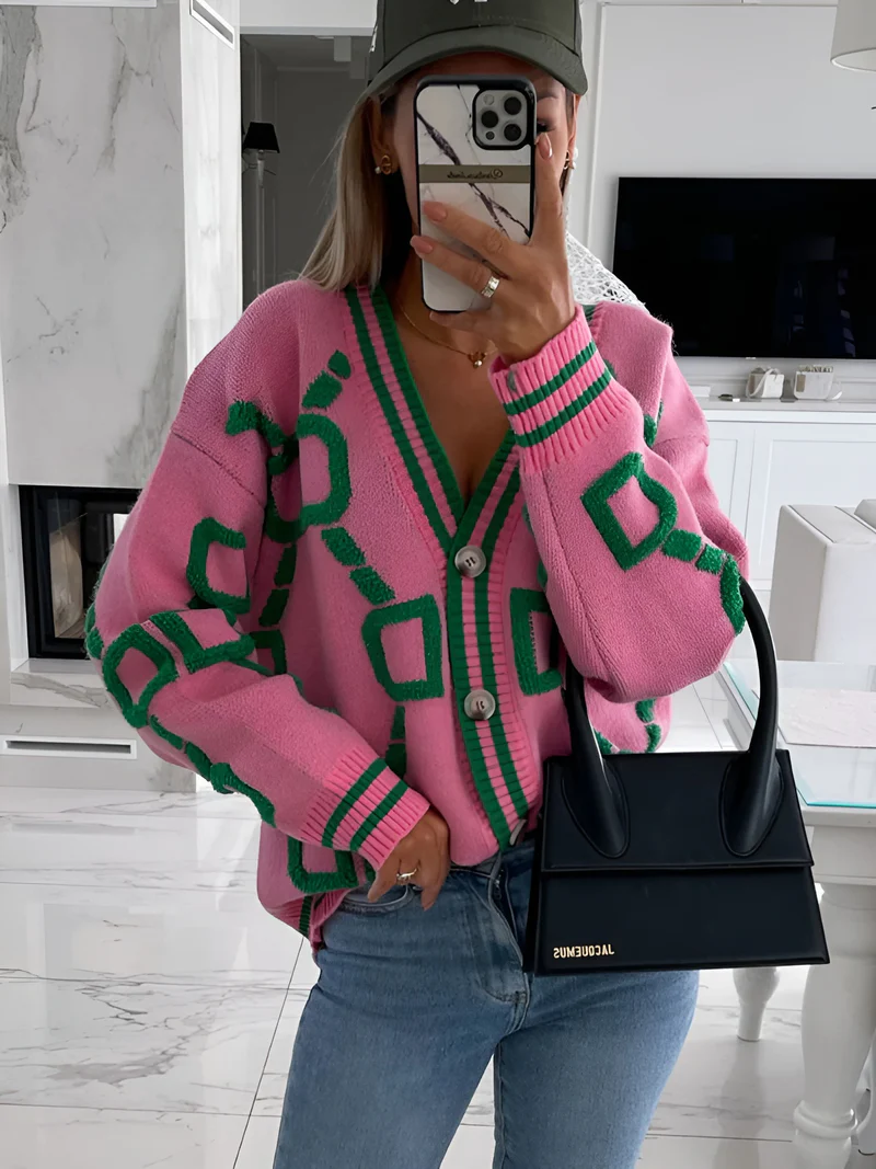 Geometric Dropped Shoulder Button Down Cardigan(Buy 2 Free Shipping)