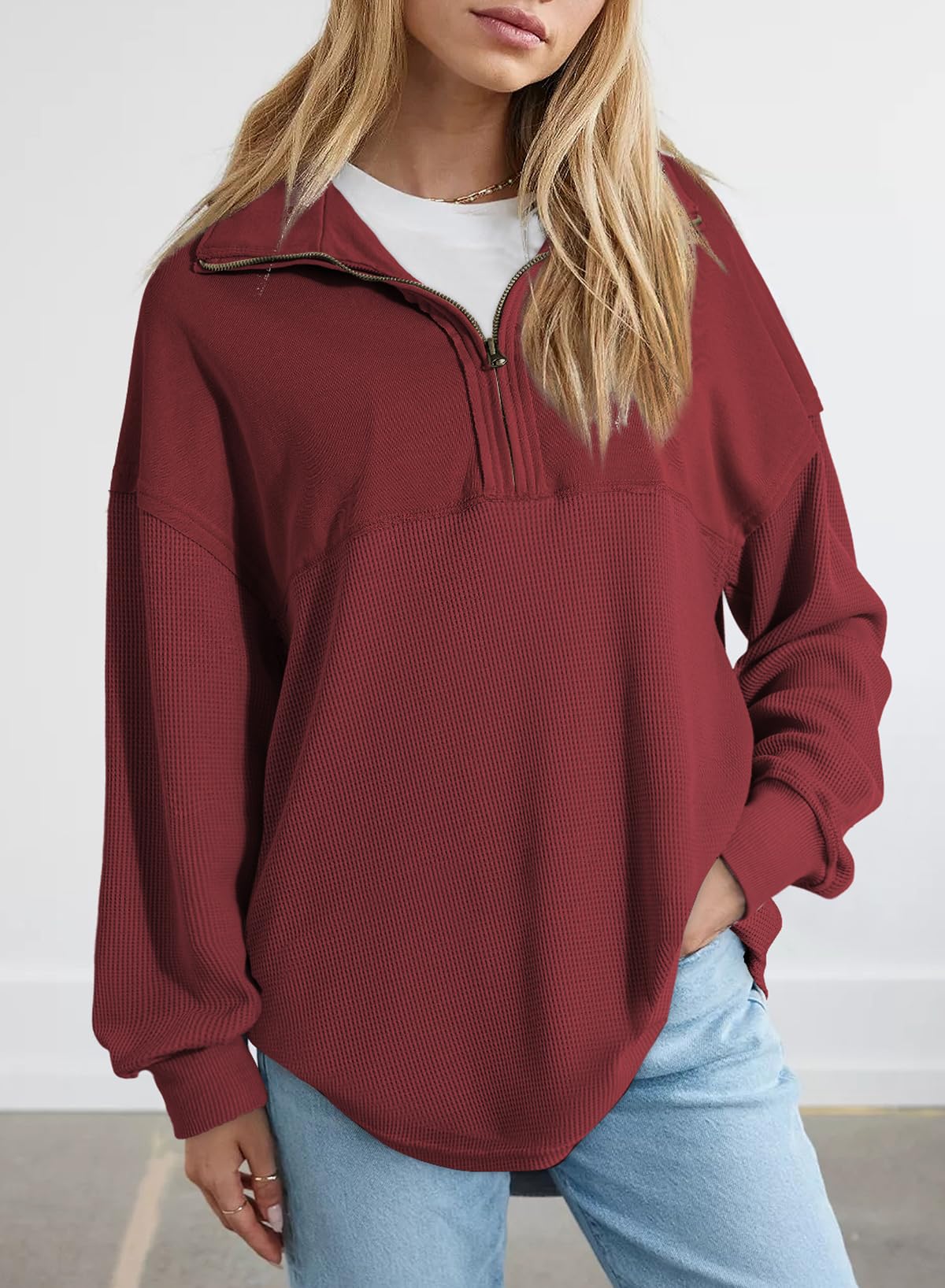 ✨ Women's Waffle Knit Half Zip Pullover Casual Sweatshirt(Buy 2 Free Shipping)