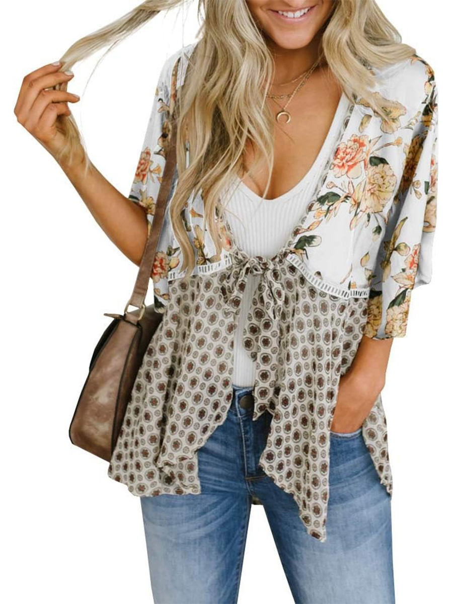 Women's Floral Kimono Ruffle Sleeve Tie Cardigans Flowy Boho Loose Cover Ups(BUY 2 FREE SHIPPING)