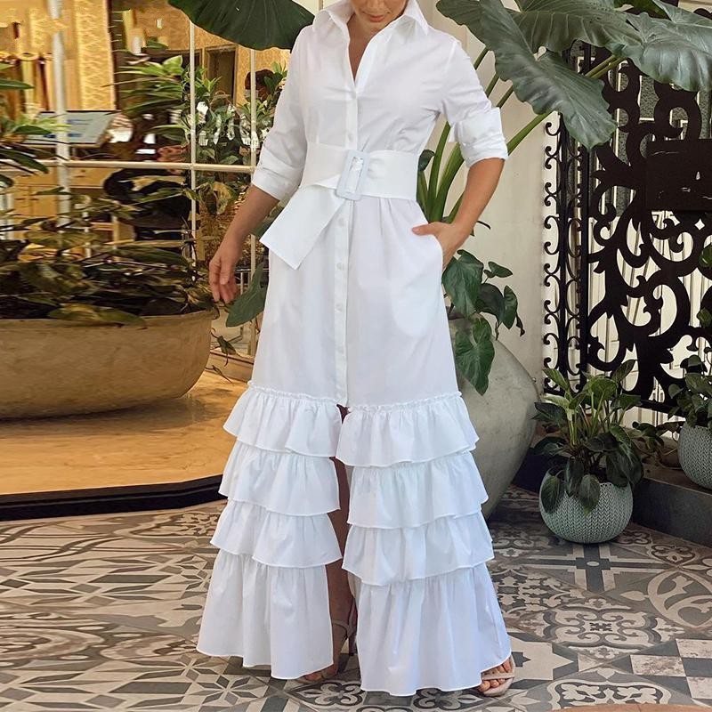 Fashion Casual Solid Color Lapel Long Sleeve Belt Maxi Dress(BUY 2 FREE SHIPPING)