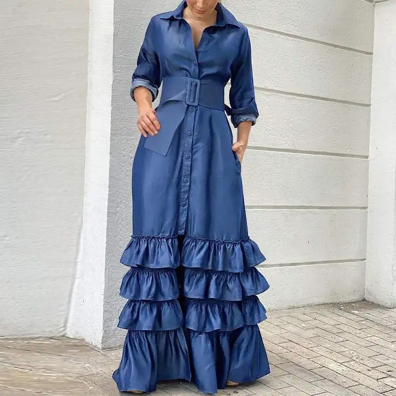 Fashion Casual Solid Color Lapel Long Sleeve Belt Maxi Dress(BUY 2 FREE SHIPPING)