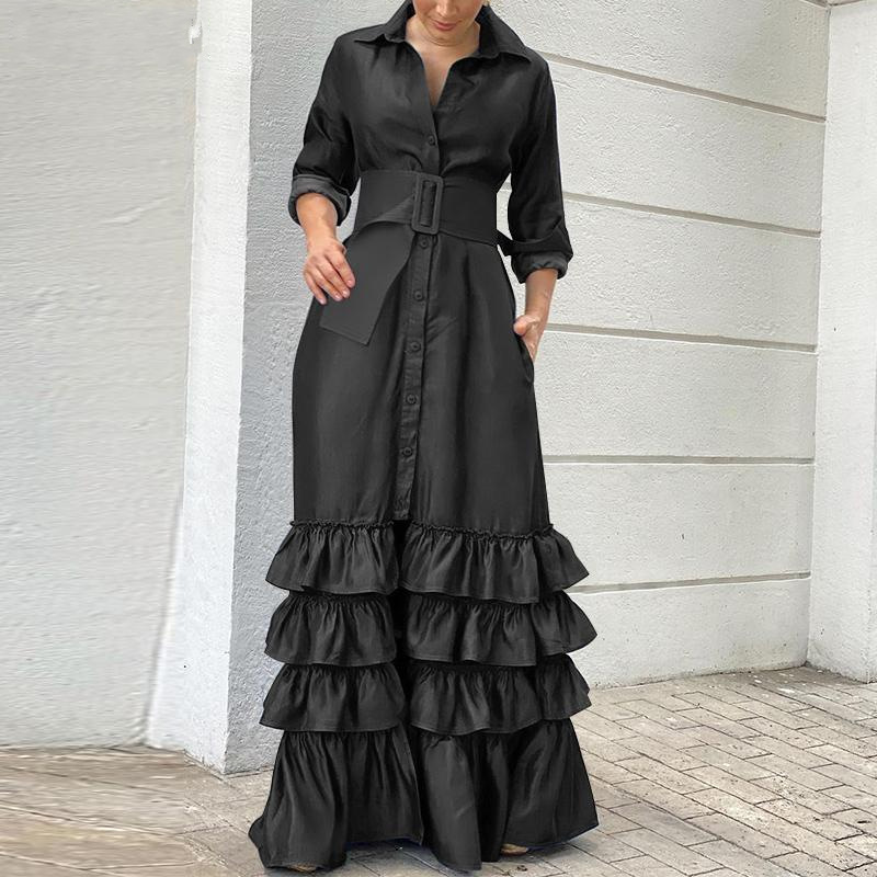 Fashion Casual Solid Color Lapel Long Sleeve Belt Maxi Dress(BUY 2 FREE SHIPPING)