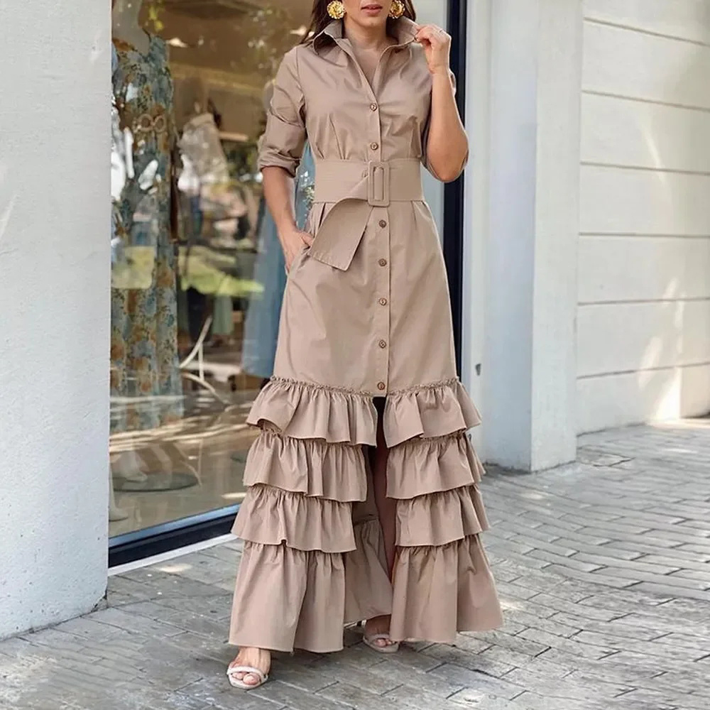 Fashion Casual Solid Color Lapel Long Sleeve Belt Maxi Dress(BUY 2 FREE SHIPPING)