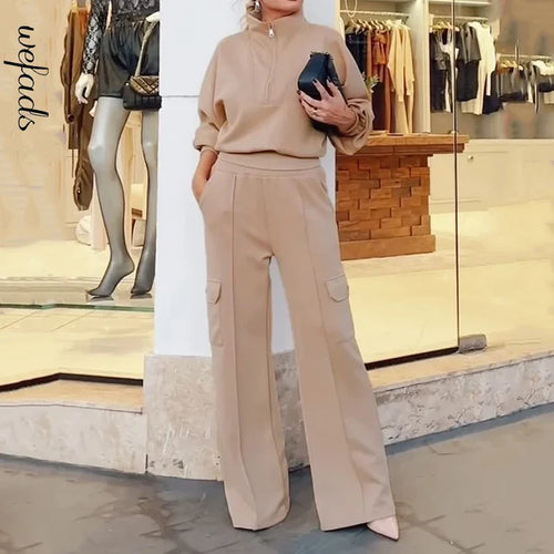 Women's Lapel Short Top High Waist Workwear Wide Leg Pants Two-piece Set